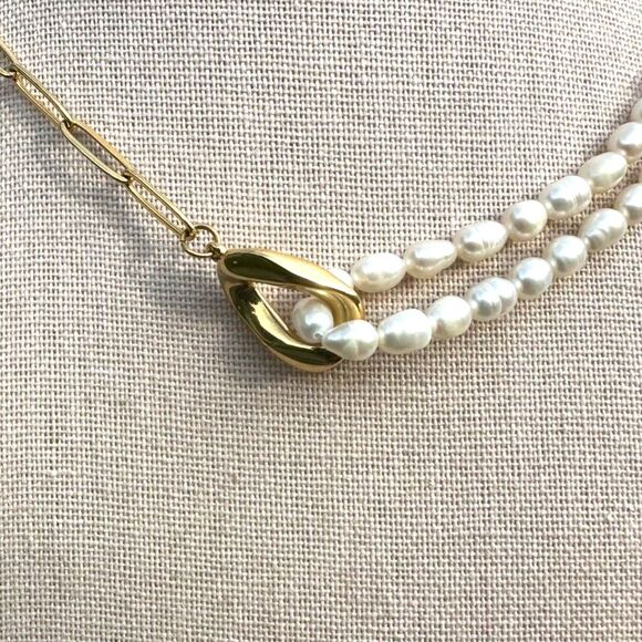 18K Gold Waterproof Link Freshwater Pearl Link Necklace - Picture 3 of 5